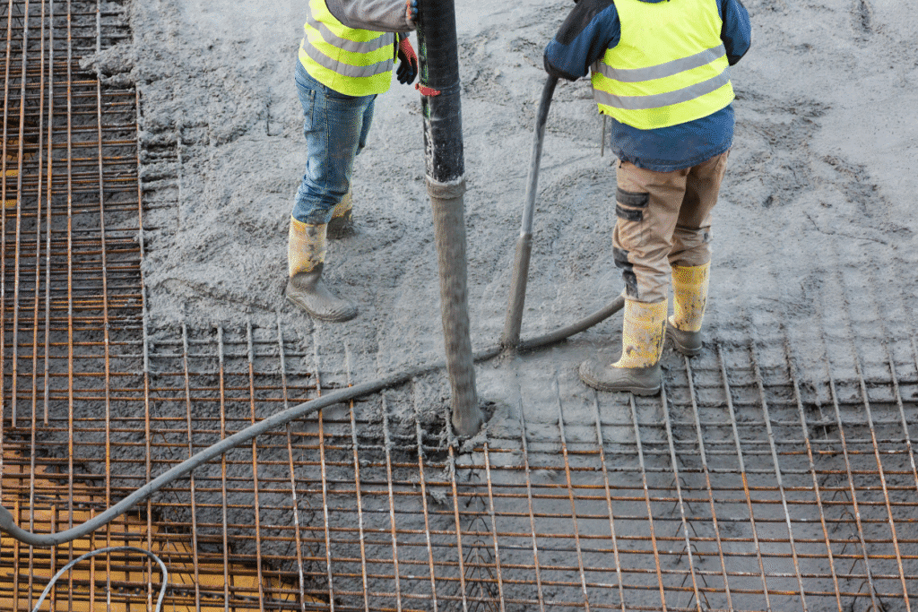 Betong som hälls på armering med två arbetare