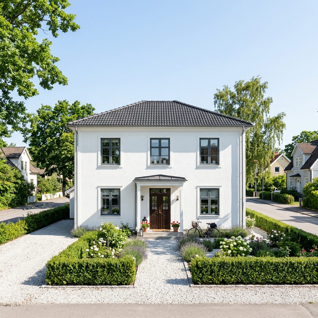 Vitputsad villa med engelsk trädgård